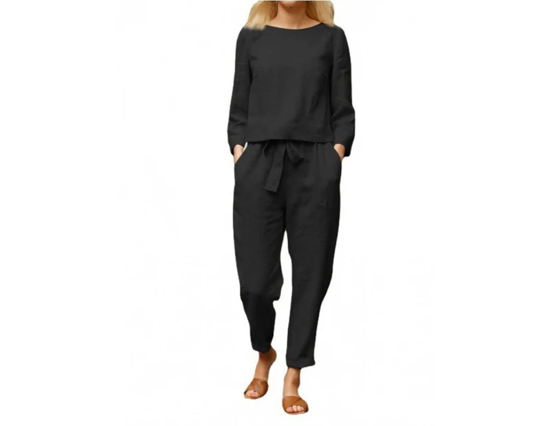 Women's Plain Loungewear Set Casual Blouse Top Harem Pants Comfy Outfit Set - Black