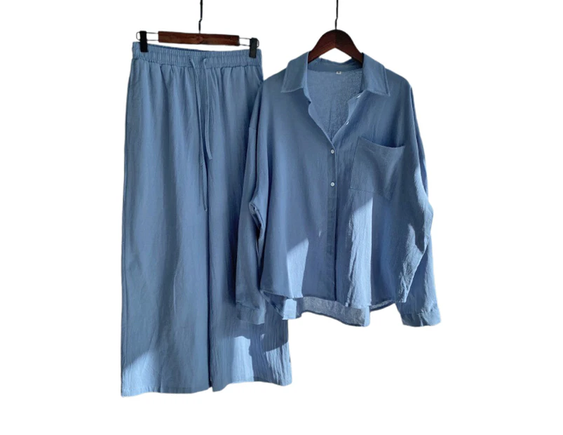 Women's Plain Lounge Wear Blouse Tops Trousers Set Loose Casual Outfit - Blue