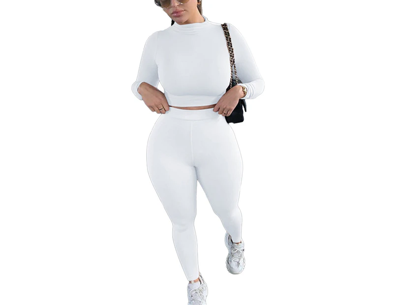Women Tracksuit Long Sleeve Crop Tops Leggings Pants Set Sport Lounge Wear - White