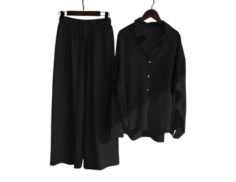 Women's Plain Lounge Wear Blouse Tops Trousers Set Loose Casual Outfit - Black