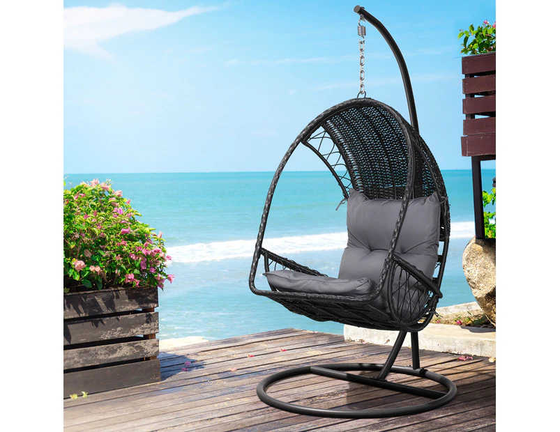 Gardeon Outdoor Egg Swing Chair Wicker Furniture Pod Stand Armrest Black