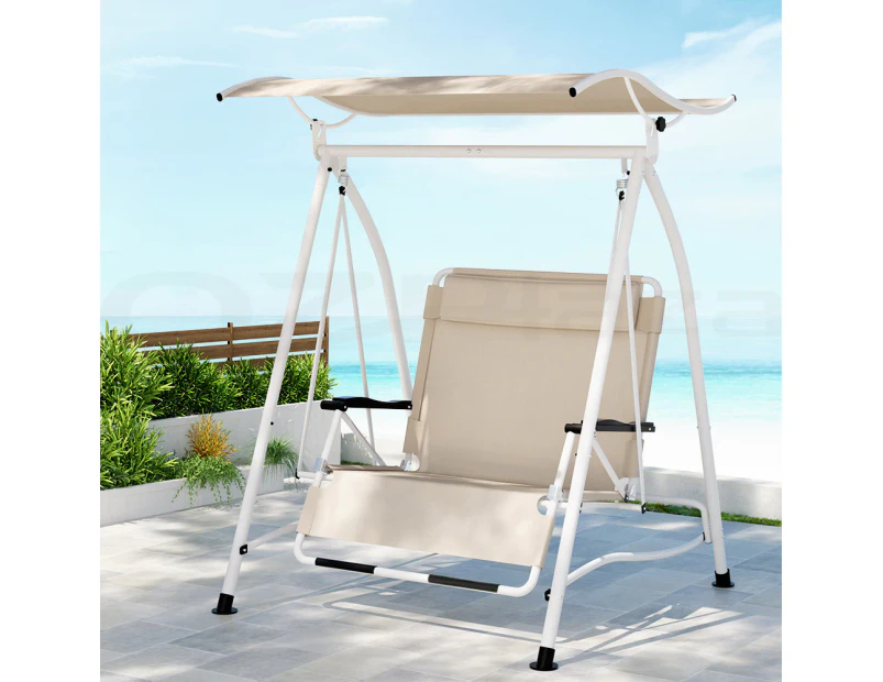 Gardeon Outdoor Swing Chair Garden Lounger 2 Seater Canopy Patio Furniture Beige