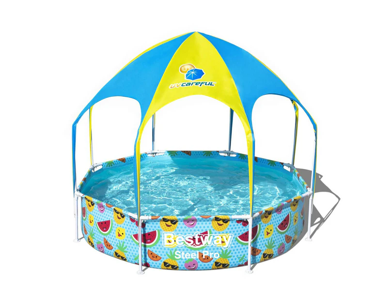 Bestway 2.44m Steel Pro UV Splash N Shade Play Pool w/ Sunshade Kids Swimming