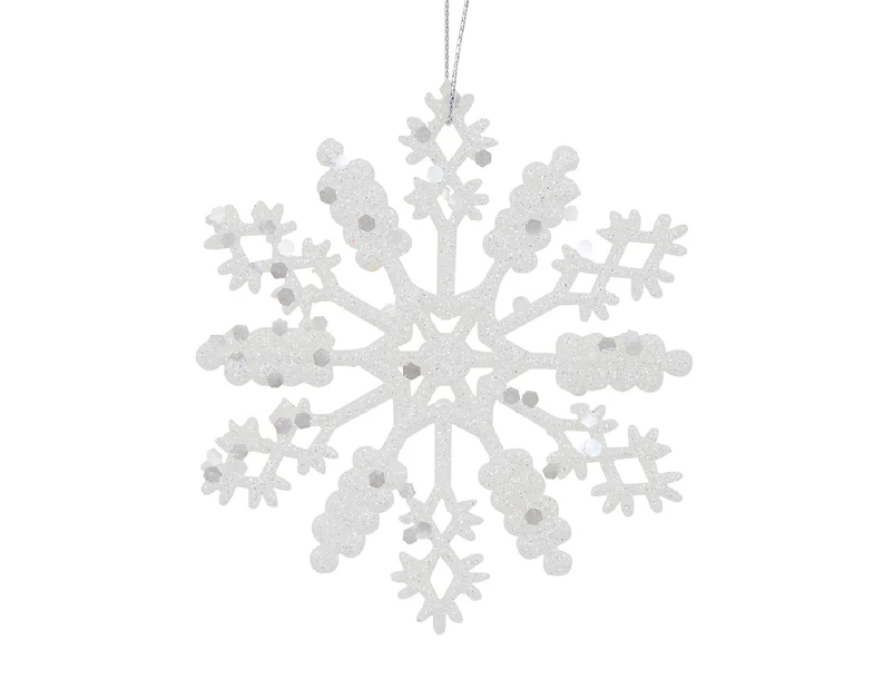 Glittered Thin White Snowflake Christmas Tree Hanging Decorations - 12 x 10cm - White with Silver