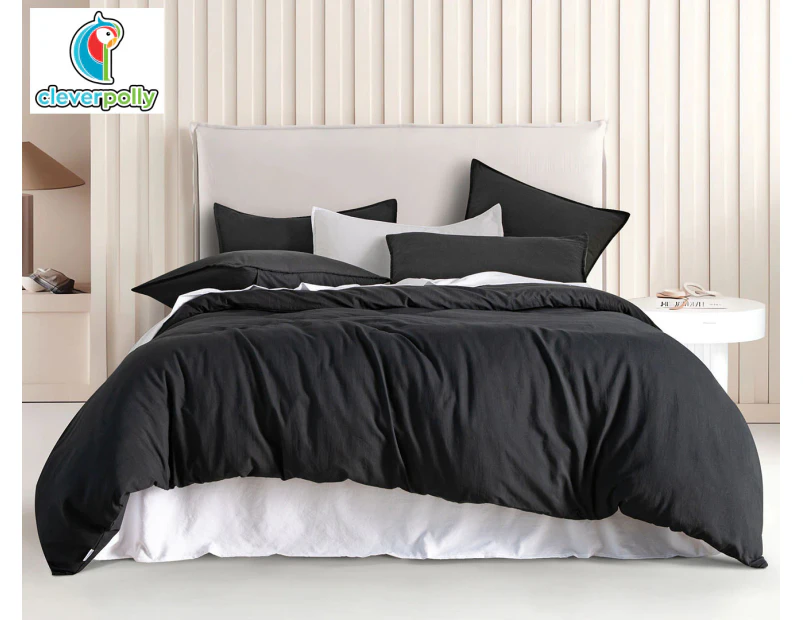 CleverPolly Vintage Washed Microfibre Quilt Cover Set - Black