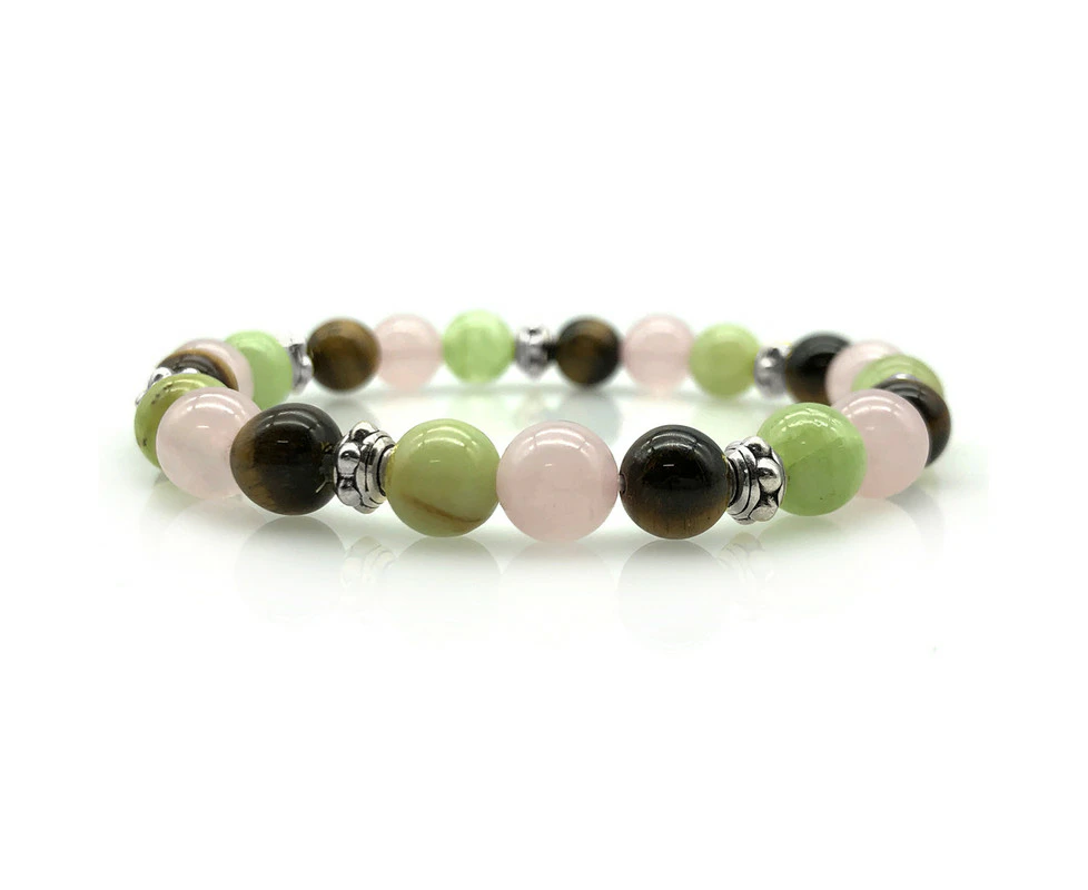 Georgiadis 8mm Natural Tiger Eye, Rose Quartz & Flower Jade Gemstones with Antique Silver Beaded Stretchy Bracelet