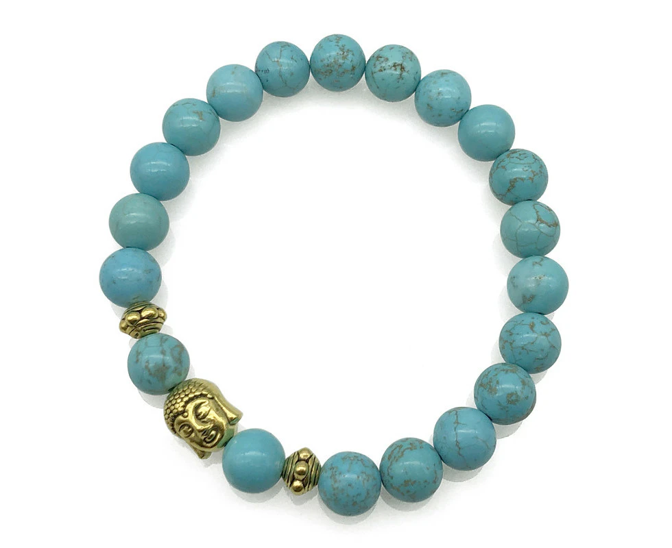 Georgiadis 8mm Turquoise & Antique Gold Buddha Chakra Healing Charm Beaded Stretch Bracelet