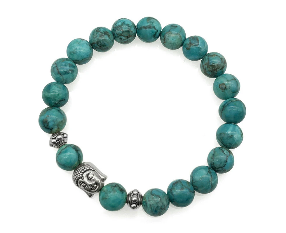 Georgiadis 8mm African Jasper Turquoise & Antique Silver Buddha Chakra Healing Charm Beaded Stretch Bracelet