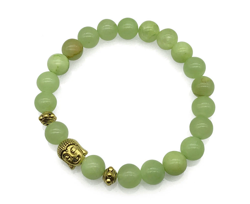 Georgiadis 8mm Flower Jade & Antique Gold Buddha Chakra Healing Charm Beaded Stretch Bracelet