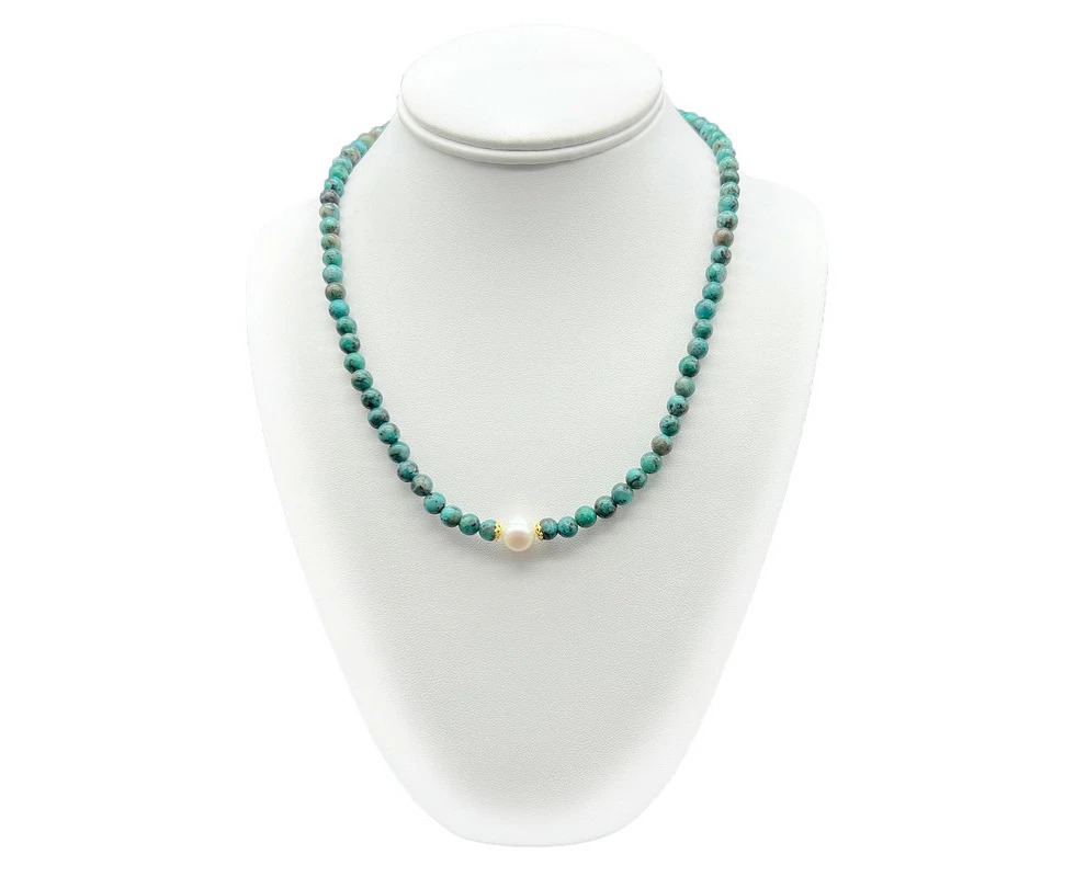 Georgiadis Natural 10mm White Freshwater Pearls with Afican Jasper 'Turquoise' Gemstone Necklace