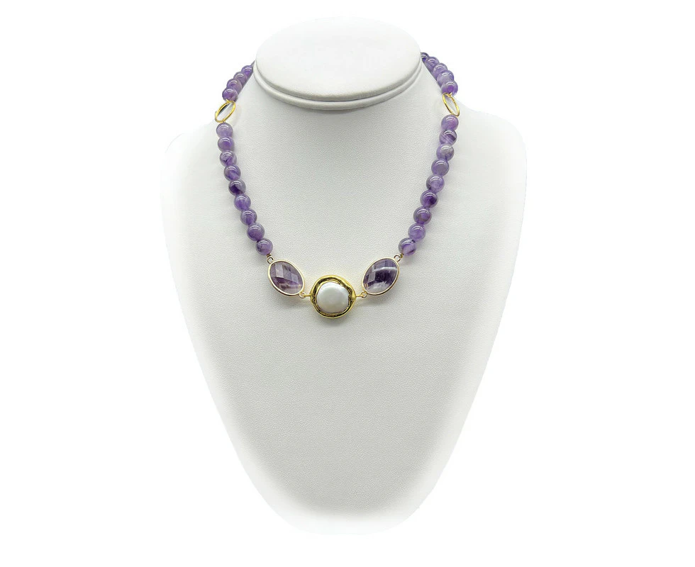 Georgiadis Amethyst & Blister Pearl Pendant Charm Link Necklace