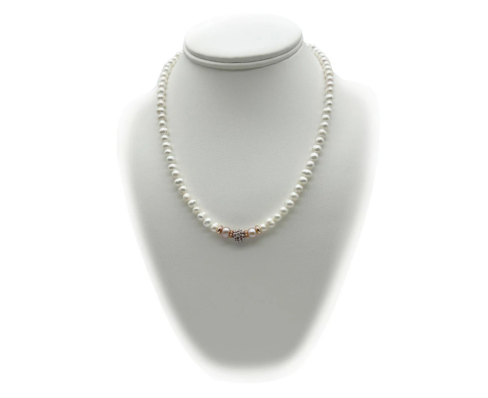 Georgiadis Natural 5-6mm White Freshwater Pearls with Pink Rhinestone Rose Gold Plated Necklace