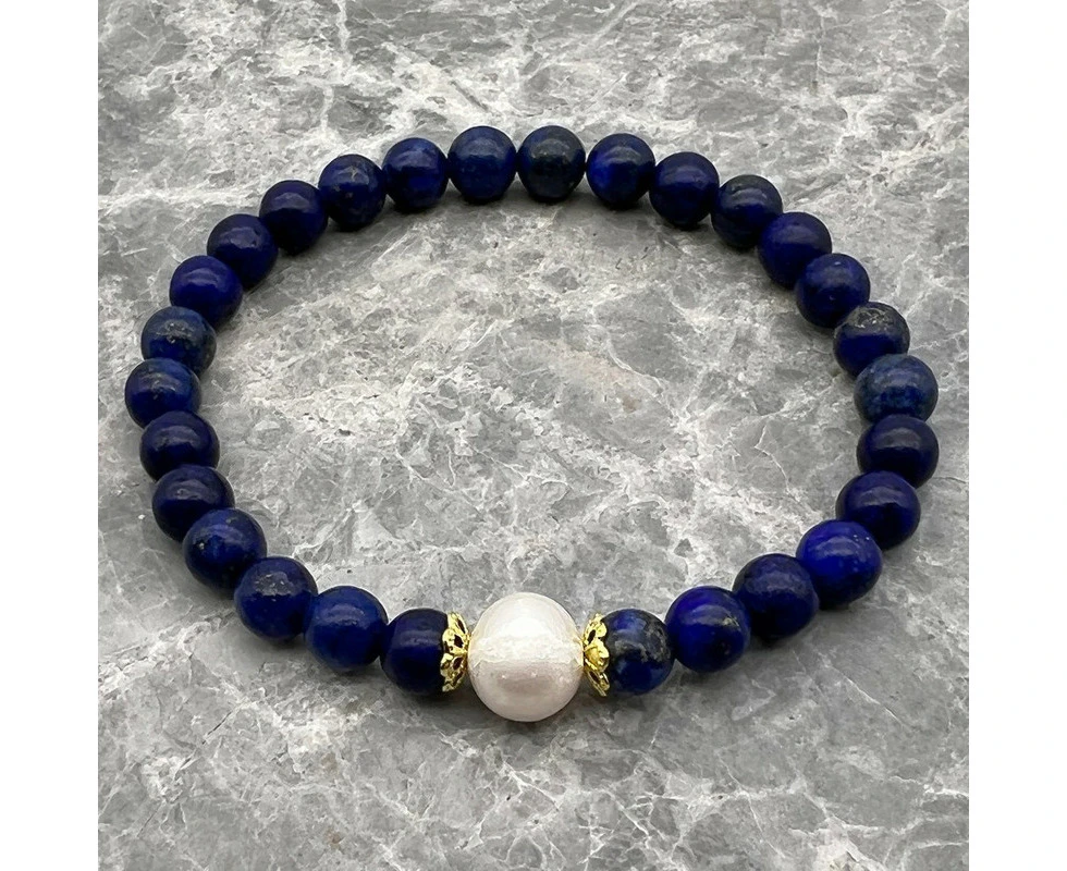 Georgiadis Natural 10mm White Freshwater Pearls with Lapis Lazuli Gemstone Bracelet