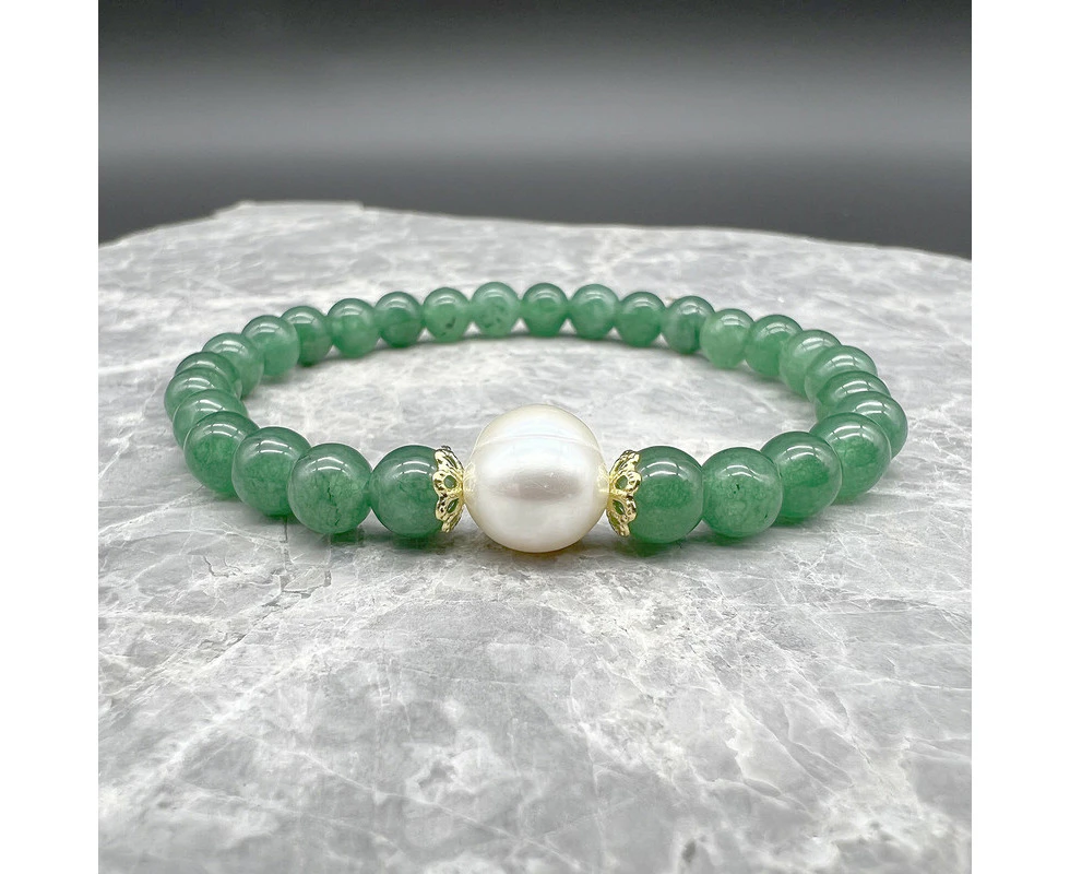 Georgiadis Natural 10mm White Freshwater Pearls with Green Aventurine Gemstone Bracelet