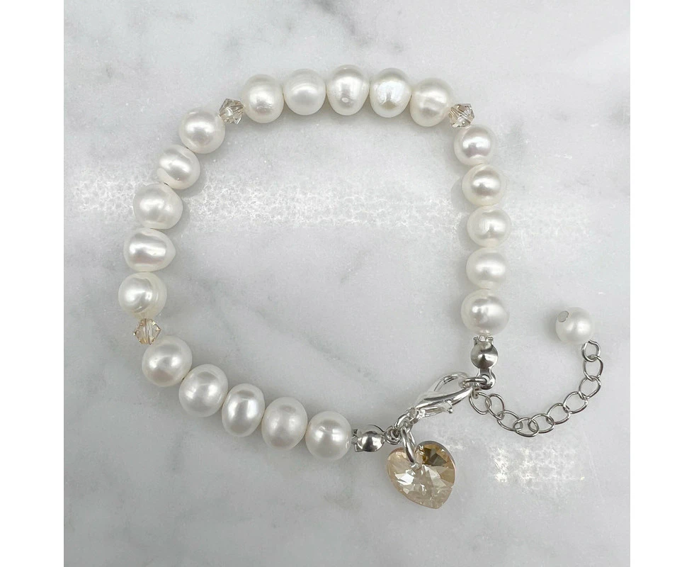 Georgiadis 7-8mm Natural Potato & Baroque Freshwater Pearl with Golden Shadow Swarovski® Heart Charm Bracelet