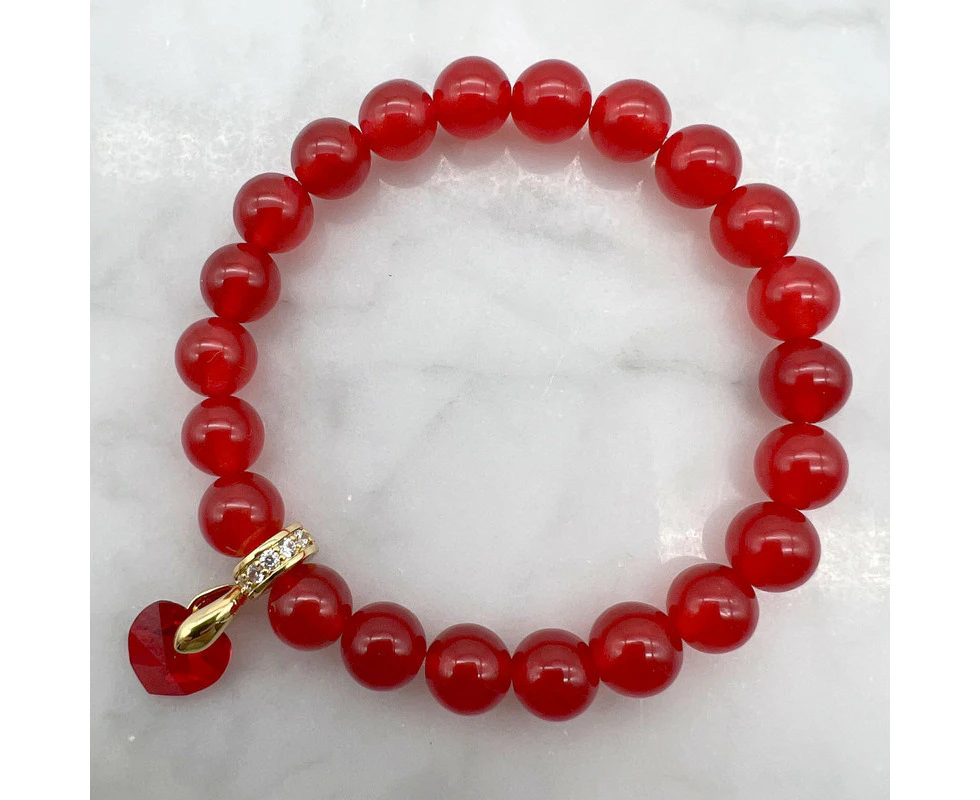 Georgiadis Red Malaysia Jade 'Quartz', Adorned with 'Xillion' Heart Swarovski® Crystal & 18k Real Gold Plated Beads Stretch Bracelet