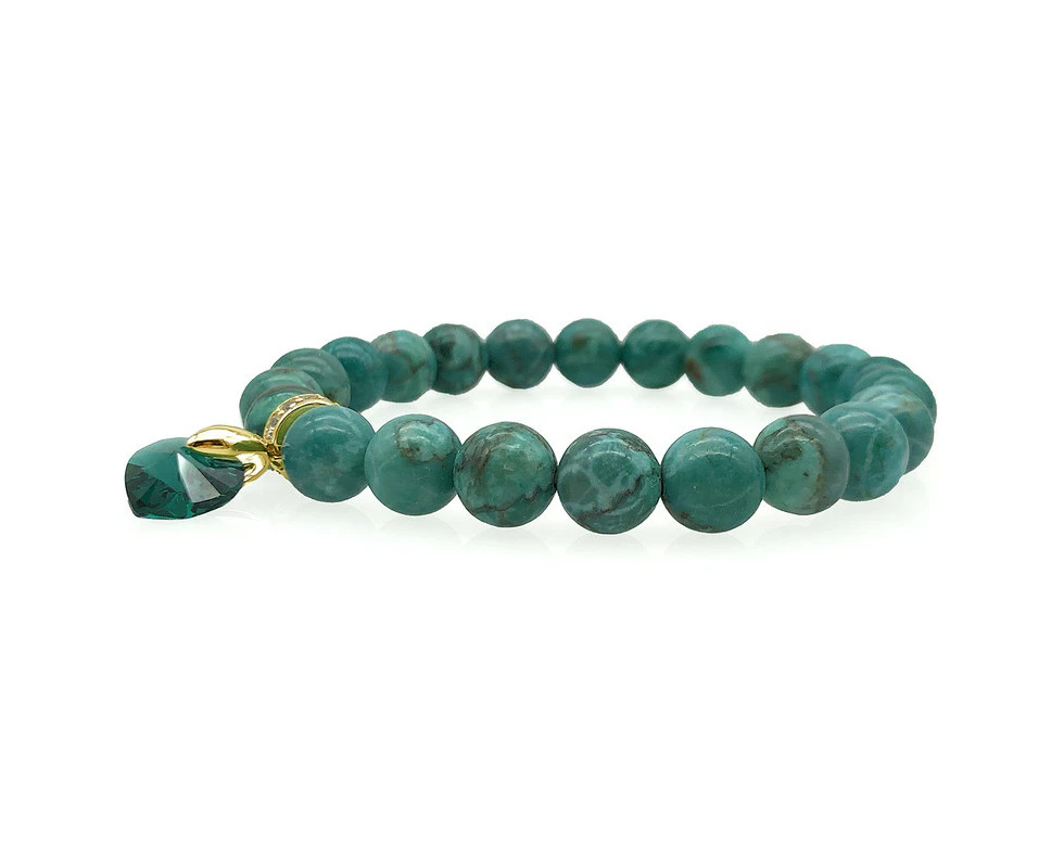 Georgiadis African Jasper Turquoise, Adorned with 'Xillion' Heart Swarovski® Crystal & Real Gold Plated Beads Stretch Bracelet