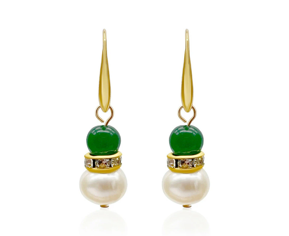 Georgiadis Green Aventurine & Freshwater Pearl Rhinestones Gold Plated Drop Earrings