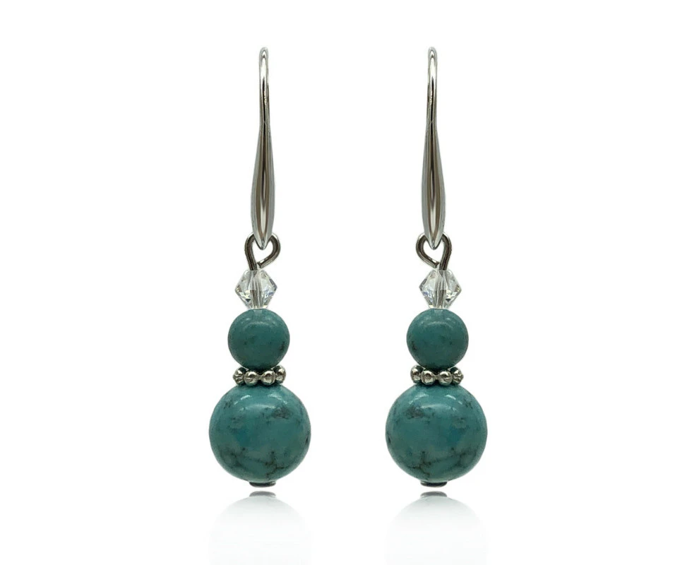 Georgiadis Natural Round Turquoise Adorned with Swarovski® Crystal Beads Real Platinum Plated Earrings