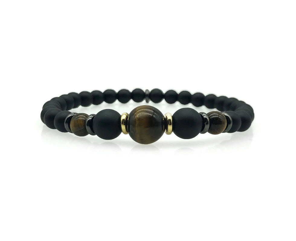 Georgiadis Men's Strength Black Stone & Tiger Eye Stretch Beaded Bracelet