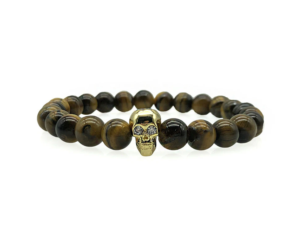 Georgiadis Men's 8mm Natural Tiger Eye & AAA Grade Cubic Zirconia Skull Beaded Stretch Bracelet