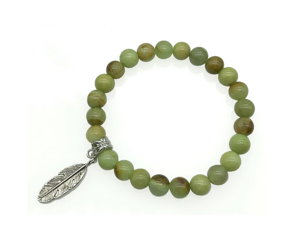 Georgiadis Australian Made Men's Flower Jade Feather Charm Stretch Beaded Bracelet