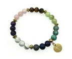 Georgiadis 8mm Multi Gemstone Personalized Gold Plated Stainless Steel Initial Letter Charm Stretch Beaded Bracelet.