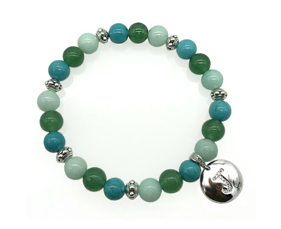 Georgiadis 8mm Natural Turquoise, Green Aventurine & Malaysia Jade 'Quartz' Gemstone & CZ Personalized Initial Letter Charm Stretch Beaded Bracelet.