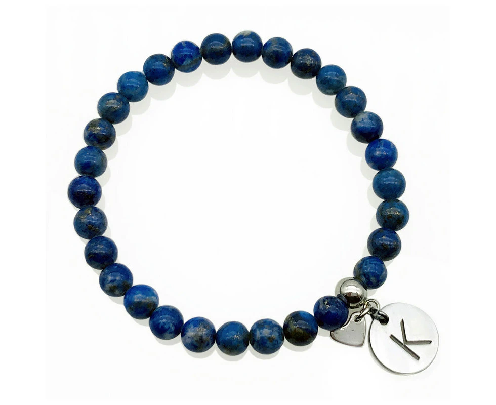 Georgiadis Lapis Lazuli Natural Gemstone Personalized Stainless Steel Initial Letter Charm Stretch Beaded Bracelet.