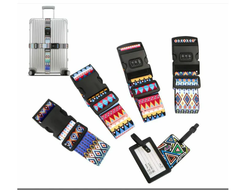 4 Pcs Luggage Strap + 2 Pcs Luggage Tag, Adjustable Luggage Strap, Luggage Strap with Combination Lock, Ethnic Luggage Strap Set Luggage Tag