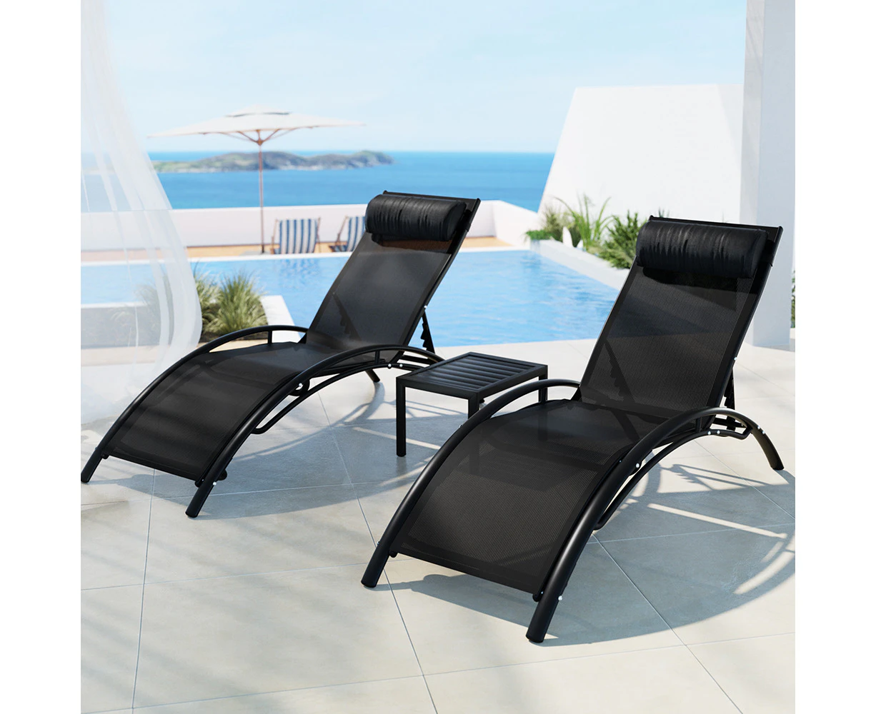 Gardeon 3PC Sun Lounge Outdoor Lounger Steel Table Chairs Patio Furniture Garden