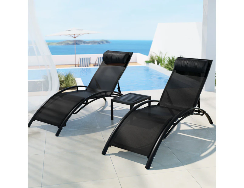 Gardeon 3PC Sun Lounge Outdoor Lounger Steel Table Chairs Patio Furniture Garden