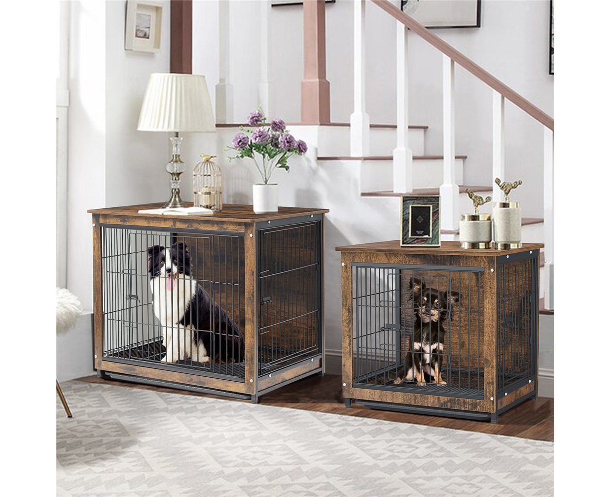 UNHO Furniture Style Wooden Dog Crate Cage Kennel w Double Doors