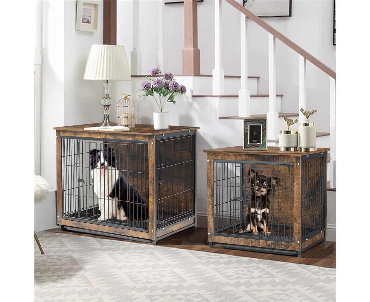 UNHO Furniture Style Wooden Dog Crate Cage Kennel w/ Double Doors Sofa Side End Table