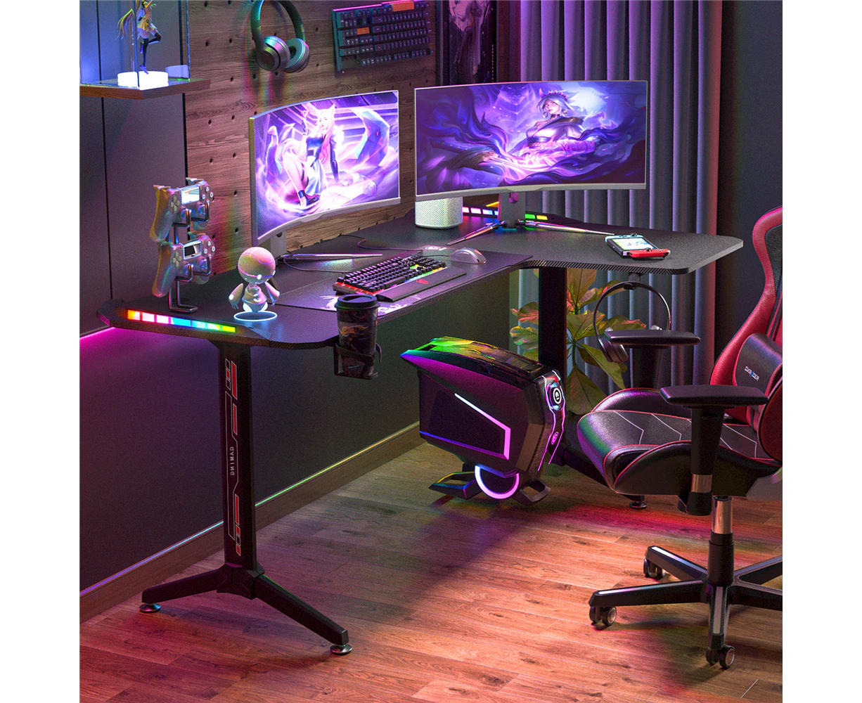 UNHO 160CM L-Shape Gaming Table RGB LED Computer Gaming Desk Carbon Fiber Tabletop