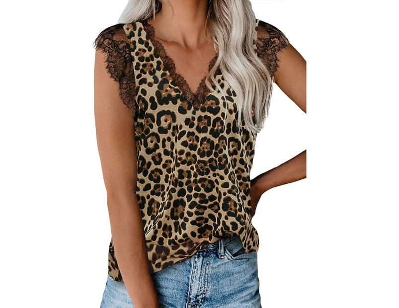 Women V Neck Lace Strappy Floral Print Tank Top Sleeveless Blouse,Brown,L