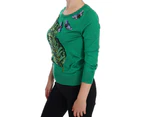 Multicolor Butterfly and Banana Leaf Applique Silk Pullover Sweater - Green