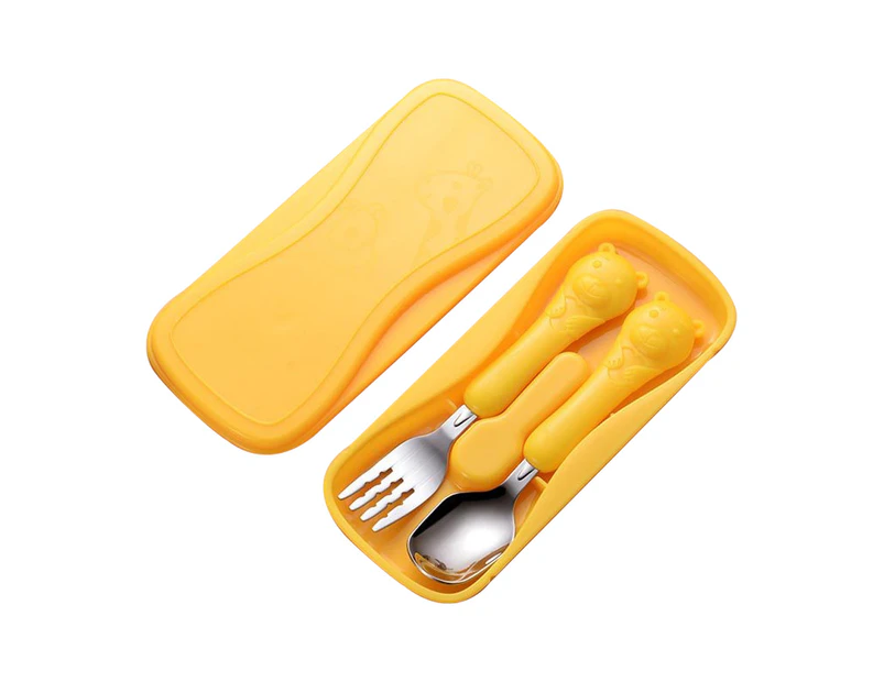 Children'S Cartoon Stainless Steel Spoon Fork Baby Portable Baby Learning To Eat Spoon Training Tableware Set,Yellow