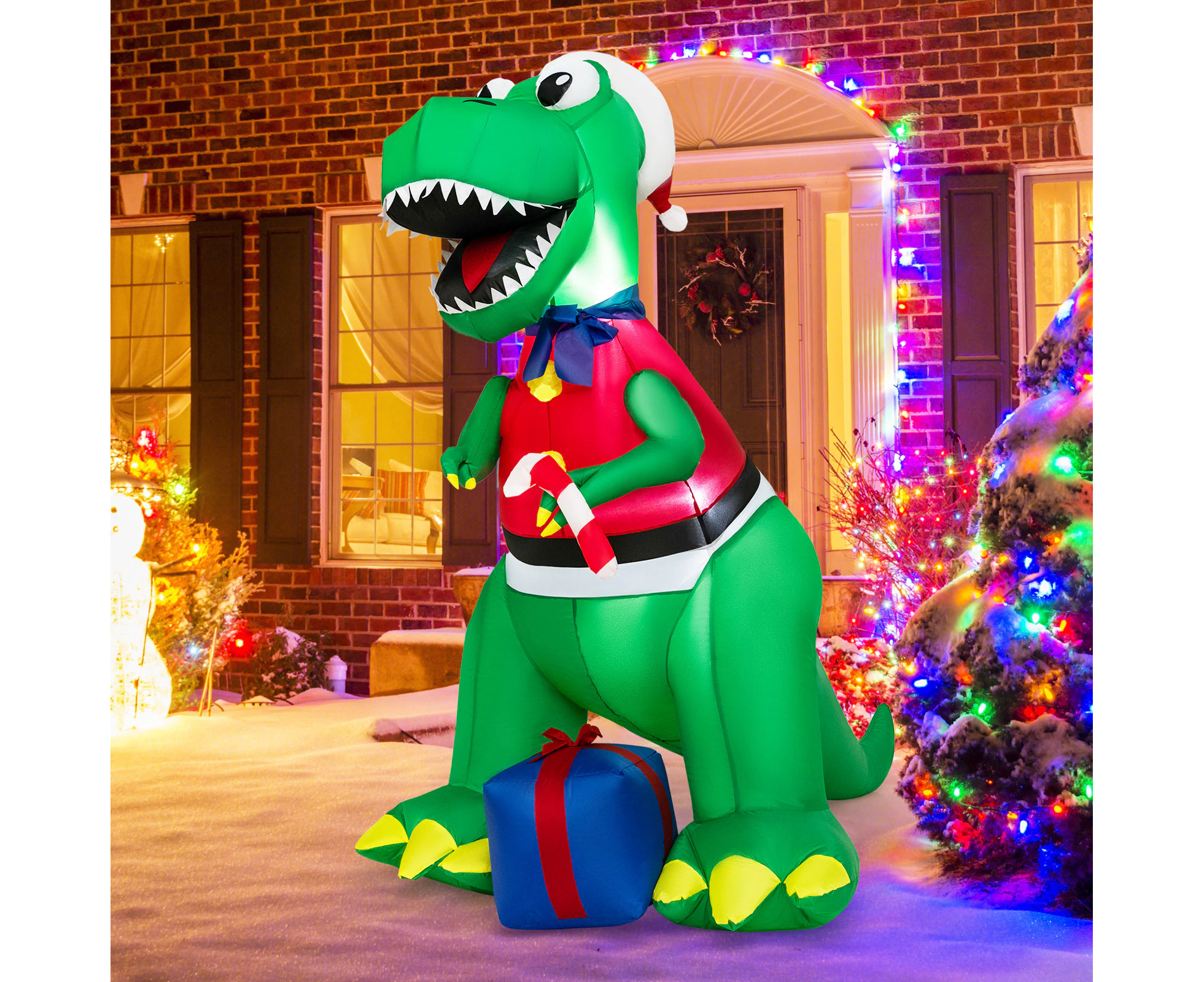 Costway 1.8M Christmas Inflatable Dinosaur w/Gift Box Lighted Present Blow Up Xmas Party Decor