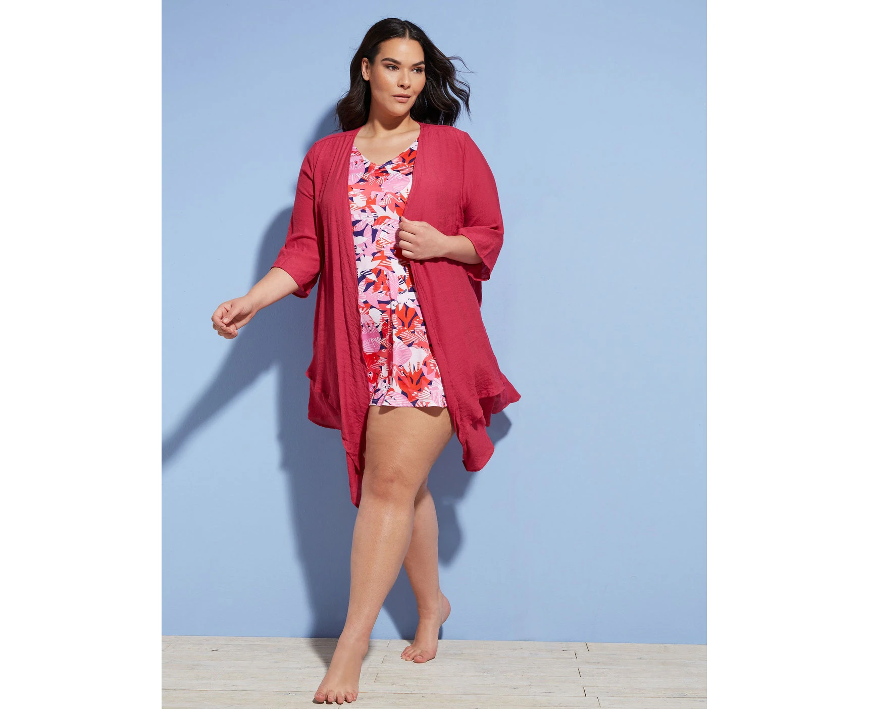 Autograph - Womens Plus Size - Summer - Swimwear - Red - Cover Up / Sun Protection - 3/4 Sleeve - Berry - Woven - Double Layer Casual Fashion Clothes