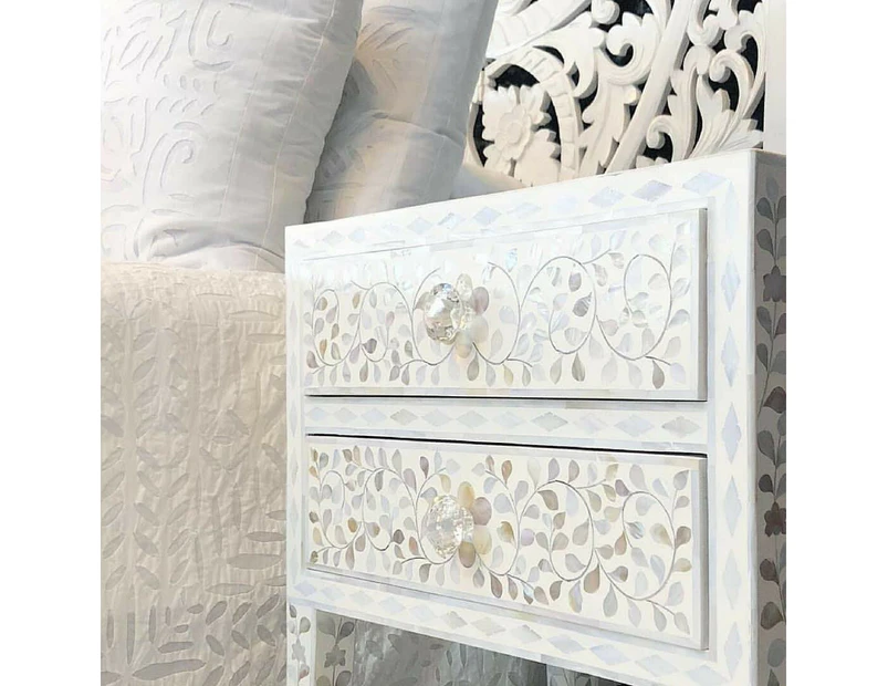 Zohi Interiors Mother of Pearl Inlay Bedside Table with 2 Drawers in White