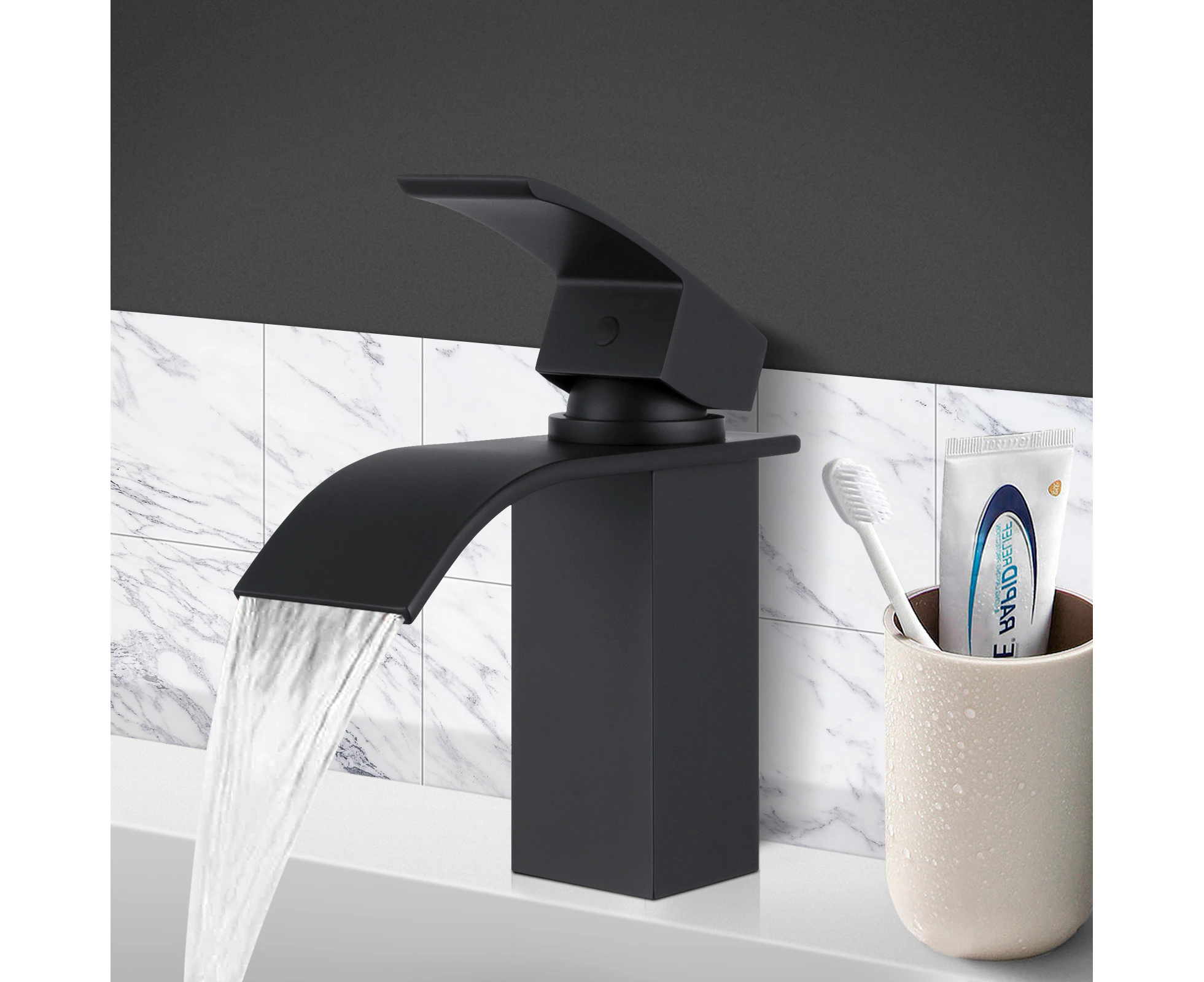 Waterfall Basin Mixer Tap Hot Cold Mixer Tap Bathroom Vanity Sink Faucets WELS Counter Top Black