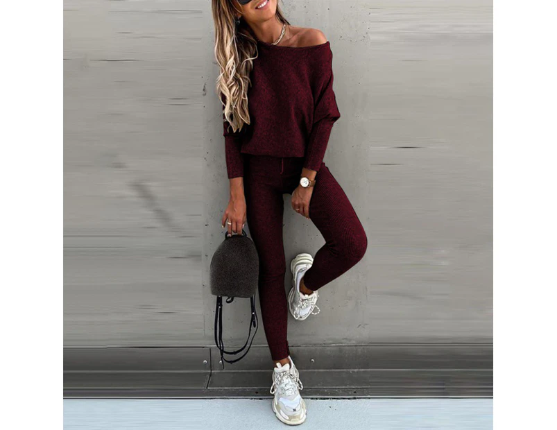Women's One Shoulder T-shirt Top Jogger Pants Tracksuit Set Loungewear Casual - Wine Red