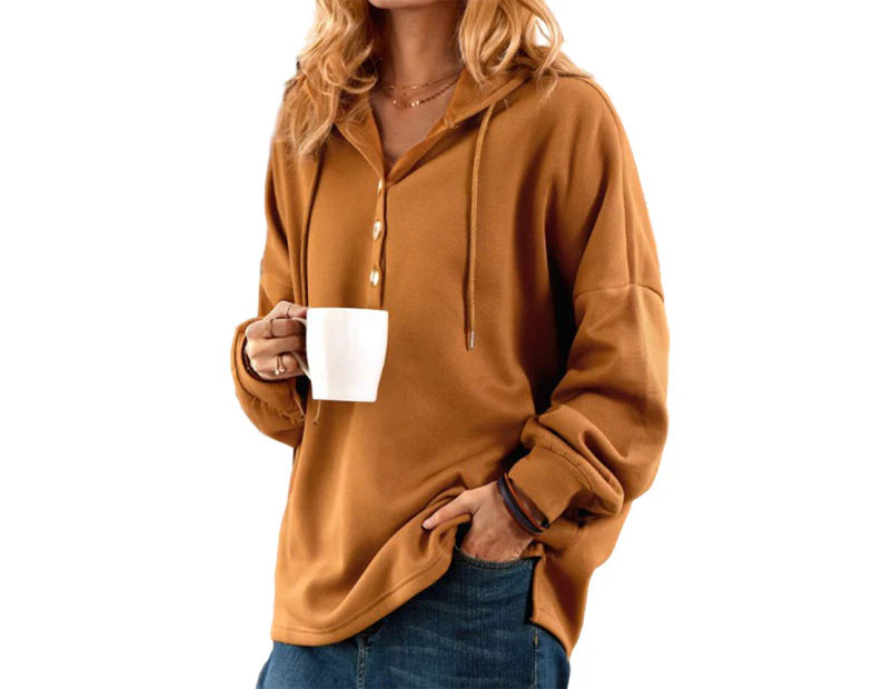 Womens Ladies Button Up Sweatshirt Hooded Hoodie V-Neck Long Sleeve Loose Baggy Tops Pullovers - Brown