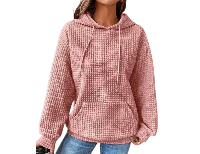 Women Ladies Drawstring Casual Hoodies Pullover Long Sleeve Waffle Hooded Sweatshirt Jumper - Pink