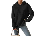 Womens Ladies Casual Drawstring Hoodies Jacquard Sweatshirt Pullover Jumper Loose - Black