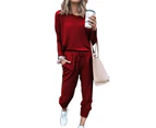 Women Comfy Casual Long Sleeve T-Shirt Top Pants Trousers Loungewear Homewear Outfit Tracksuit 2pcs/Set - Wine Red