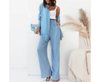 Women Ladies Plain Long Sleeve Button Down Shirts Top and Pants Trousers Outfits Set Casual Loungewear - Sky Blue