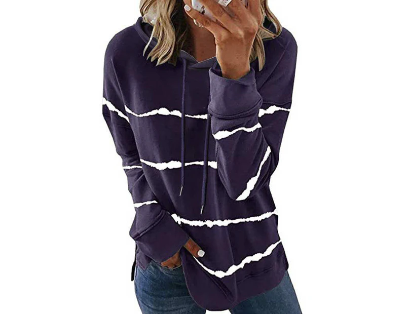 Womens Ladies Striped Long Sleeve Hoodies Pullover T-Shirts Hoody Hooded Sweatshirt Tops - Purple