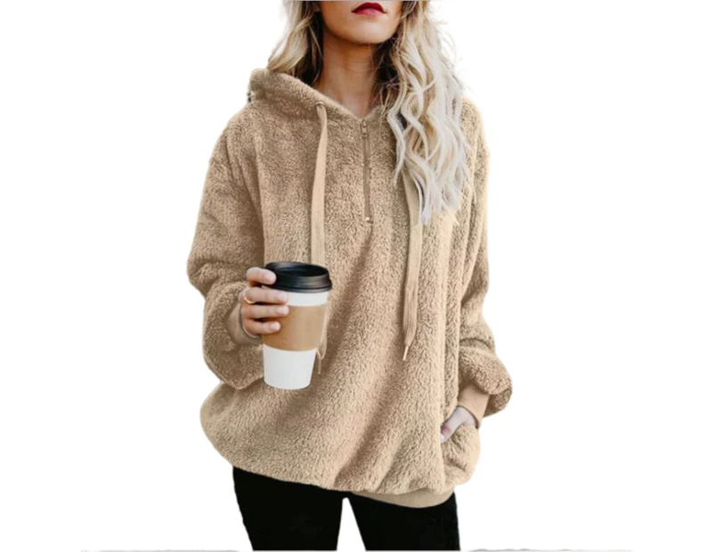 Ladies Winter Warm Comfy Teddy Bear Hooded Sweatshirt Quarter Zip Long Sleeve Fluffy Fleece Hoodies Pullover Casual - Apricot